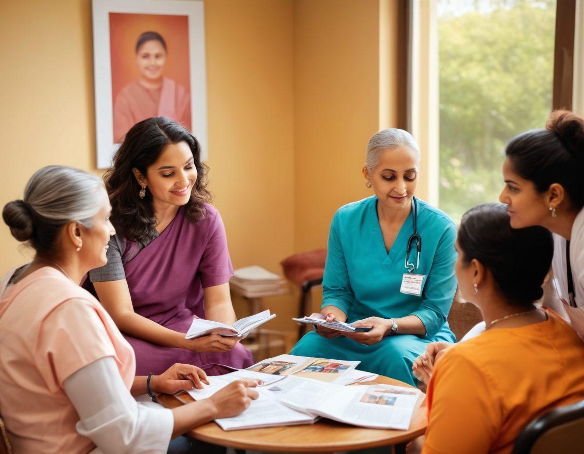 A compassionate healthcare professional discussing cancer education with a diverse group of Hindi-speaking individuals in a warm and inviting setting. Include supportive visual elements like brochures, smartphones displaying informational apps, and comforting background colors. Emphasize diversity in age and gender representation, symbolizing community support. super-realistic. warm tones. inviting atmosphere.