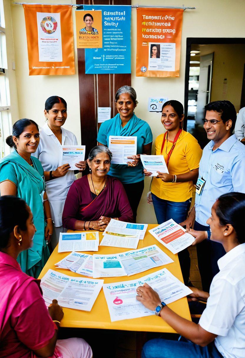 A warm, inviting scene of a diverse group of Hindi-speaking individuals gathered in a community center, discussing essential cancer resources with informative pamphlets in hand. Include a large banner in Hindi that reads 'Essential Cancer Resources' in bold, colorful letters. Include elements like a table with cancer awareness brochures, smiling faces, and an atmosphere of support and advocacy. Capture the essence of unity and empowerment. vibrant colors. super-realistic.